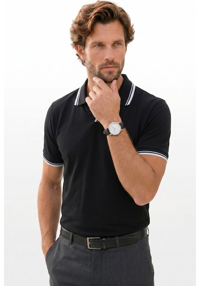 Tudors Erkek Slim Fit Dar Kesim %100 Pamuklu Çizgili Detaylı V Yaka Siyah Polo Yaka Tişört-51594 Tudors Erkek Slim Fit Dar Kesim %100 Pamuklu Çizgili Detaylı V Yaka Siyah Polo Yaka Tişört-51594
