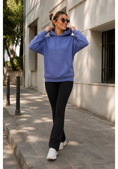 TOMMYLIFE Eflatun Standart Kapüşonlu Kanguru Cepli Basic Kadın Sweatshirt - 97321