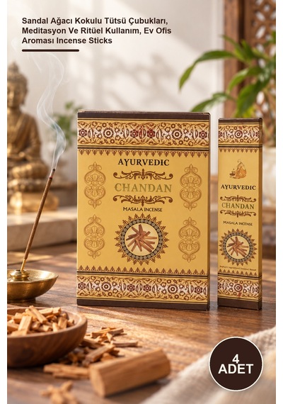 4 Adet Ayurvedic Chandan Aromalı Tütsü Sandal Ağacı Kokulu Tütsü Çubukları, Meditasyon Ve Ritüel Kullanım, Ev Ofis Aroması Incense Sticks