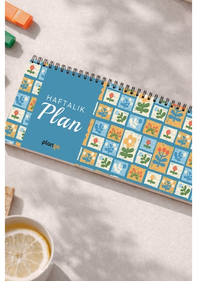 Tarihsiz Spiralli Haftalık Masaüstü Planlayıcı - Kutu Çiçekler - 10x30 Cm Plango Turkuaz
