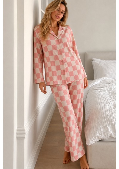 Kadın Bürümcük Tam Boy Pembe Pijama Takımı