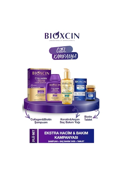 Collagen & Biotin Hacim Şampuanı 300ml + Biotin 5000mcg 60tab + Keratin Argan Saç Bakım Yağı