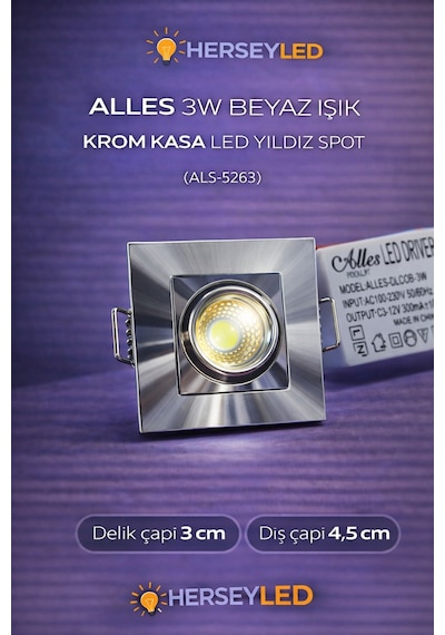 Alles 3w Beyaz Işık Krom Kasa Led Yıldız Spot Beyaz