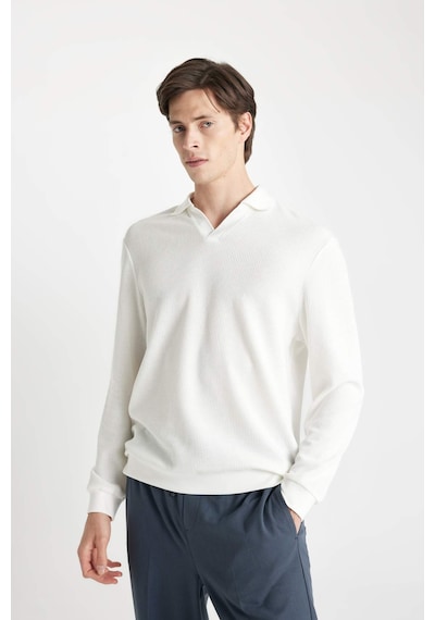 Defacto Regular Fit Polo Yaka Jakarlı Triko Sweatshirt A9785AX24AUWT32 Beyaz