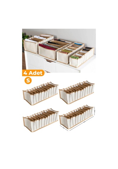 Serstil 4 Adet - 11 Gözlü Çekmece Içi Bej Çizgili Düzenleyici Organizer - Small - 11 X 41 X 12 Cm Bej-s