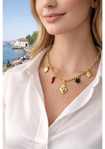 Charm Detaylı Zincir Kolye Çok renkli