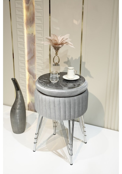 Bianco Metal Ayaklı Puflu Zigon Sehpa Krom Gümüş Gri Chrome Silver Gray