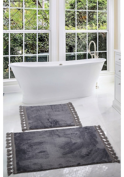 Relax Antrasit 60x100 + 50x60 Cm 2'li Köşeli Ponpon Saçaklı Banyo Antrasit