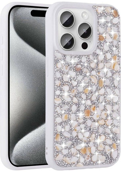 Apple Uyumlu iPhone 15 Pro Max Kılıf Parlak Taşlı Tasarım Zore Linea Kapak Beyaz