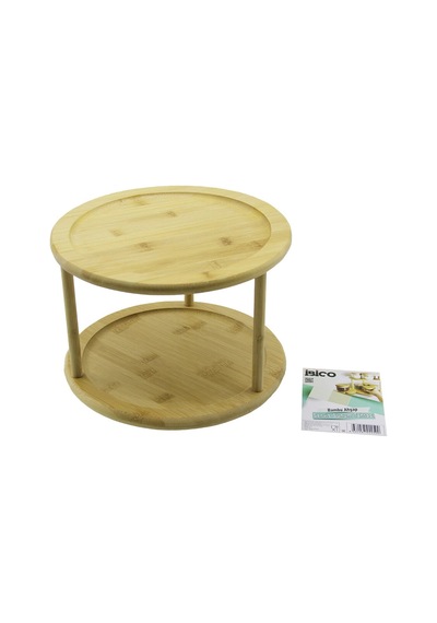 2 Katlı Yuvarlak 24.5cm Döner Tablalı Ahşap Bambu Sunum Tepsisi - Mini Sofra Bx40 Çok Renkli