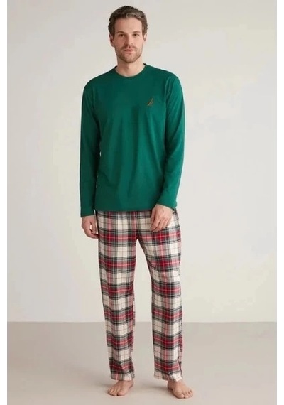 Erkek Uzun Kollu Ekoseli Pijama Takımı Yeşil