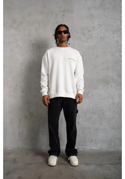 Erkek Oversize Sweatshirt Ön Ve Sırt Baskılı 3 İplik Pamuklu - Beyaz