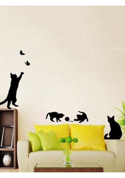 1 Adet Duvar Sticker Karikatür Kedi Desen Sevimli Tasarım Yatak Odası Duvar Dekorasyonu