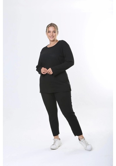 Modasehle Büyük Beden Uzun Kollu Yüksek Bel Beli Lastikli Yırtmaçlı Pijama Takım Siyah Uzunkol