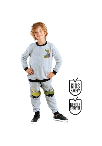 Denokids Erkek Çocuk Kışlık Timsah Desenli Gri Uzun Kollu Eşofman Takımı 2-7 Yaş