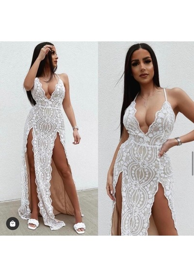 Fashion Cocktail Çift Çok Derin Yırtmaçlı Payetli Abiye Uzun Maxi Elbise Beyaz