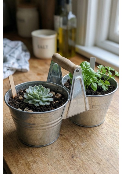 İkiz Saksılık Metal 10 Cm - Dekoratif Çiçeklik Kova Ve Çok Amaçlı Düzenleyici Renksiz