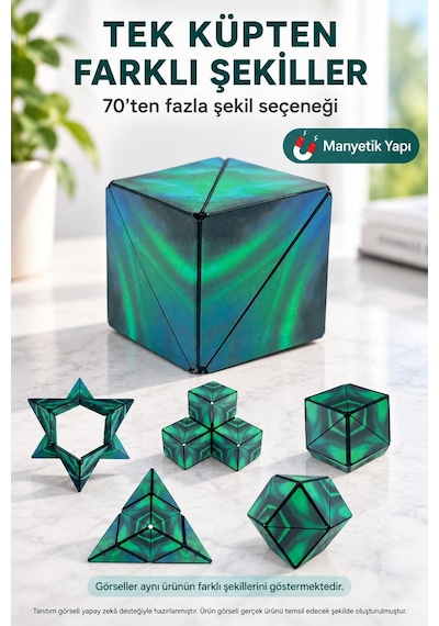 Manyetik Şekil Değiştiren Sihirli Küp Zeka Oyuncağı Stres Oyuncağı Aurora Yeşil 6x6x6 Cm