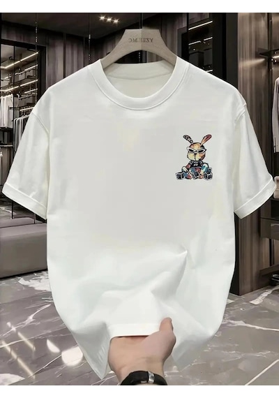 Freedom Storee Erkek T-shirt Tavşan Baskılı Kısa Kollu Tişört - Beyaz Çok Renkli