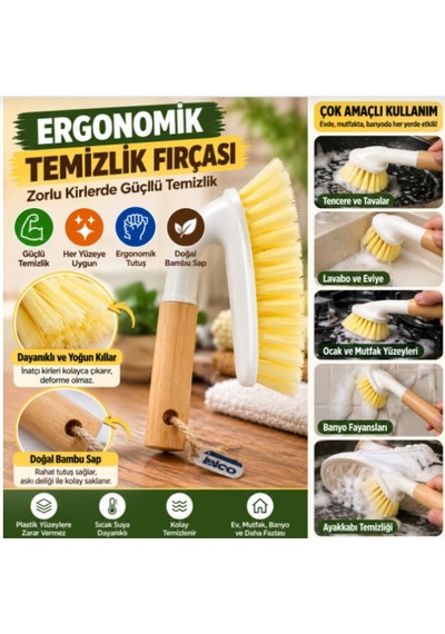 Ergonomik Temizlik Fırçası Bambu Saplı Güçlü Kıl Yapısı Çok Amaçlı Ev Mutfak Banyo Fırçası