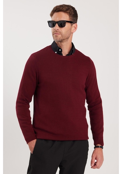 Tudors Erkek Standart Fit Normal Kesim Bisiklet Yaka Petek Desenli Koyu Bordo Triko Kazak-35671 Bordo
