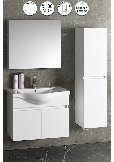 Yıldız 80+35 Cm Beyaz Mdf Lavabolu Asma Banyo Dolabı Takımı Beyaz
