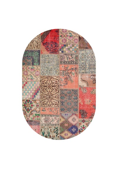 Patchwork Desenli Pamuk Taban Dijital Baskılı Yıkanabilir Oval Halı Kiremit