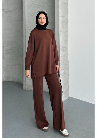 Feela Moda Kadın Modal Penye Oversize Tesettür Tunik Takım 2020 Kahverengi
