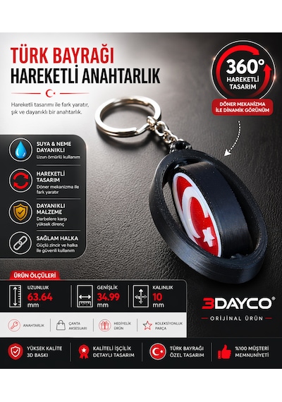 Türk Bayraklı Hareketli Anahtarlık Kırmızı - Siyah