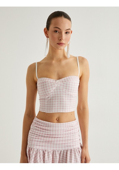 Koton İnce Askılı Crop Büstiyer Kalp Yaka Pembe Ekose 4sak10640ek Pembe