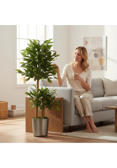 Yapay Çiçek Metal Saksıda Benjamin Salon Balkon Ev Ağacı Yeşil Bitkisi Bambu Gövdeli 170-130 Cm Yeşil