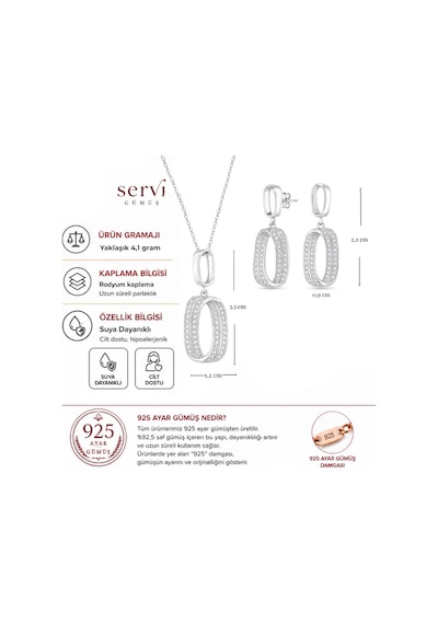Servi 925 Ayar Gümüş Zirkon Taşlı Geometrik Halka Kolye Ve Küpe Seti-333