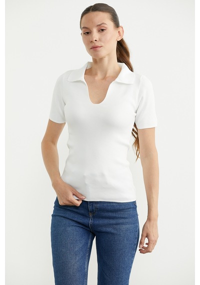 Polo Yaka Basic Triko Tişört - Beyaz