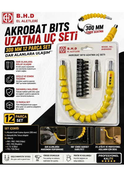 Akrobat Bıts Uzatma Uç Seti Bits 300 Mm Bükülebilir Matkap Uç 12 Parça Set Dar Alanlara Ulaşım