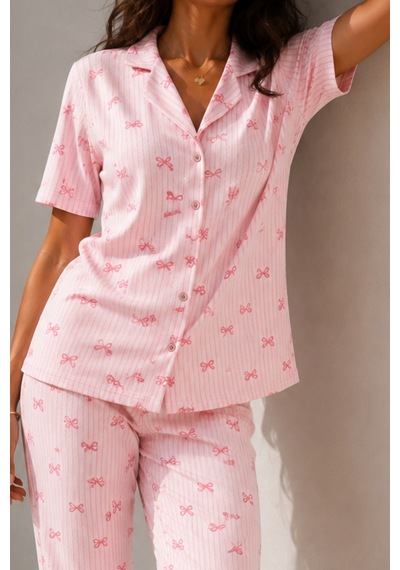 Kadın Klasik Doğal Düğme Gece Pembe Pijama Takımı