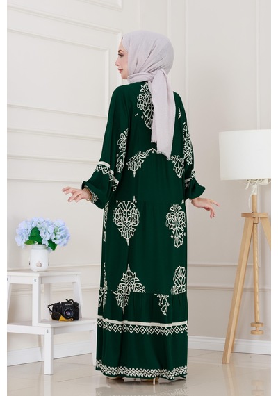 Sevitli Yarım Düğmeli Robalı Beyza Elbise-yeşil-5142