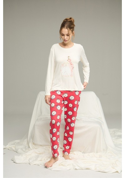 Siyah İnci Saat Desenli Pamuklu Bisiklet Yaka Örme Pijama Takım25241139 Ekru
