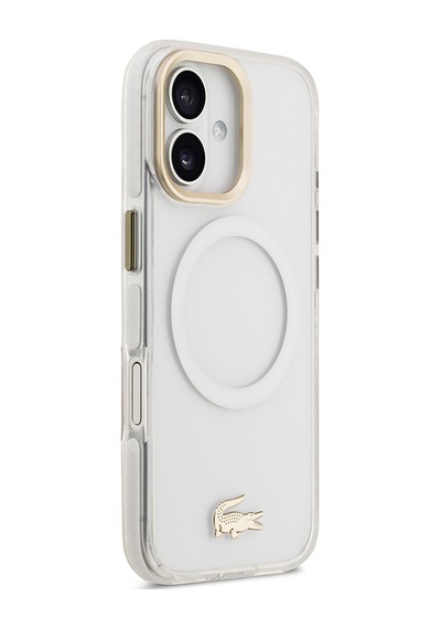 Apple Uyumlu iPhone 17 Kılıf Lacoste Lisanslı M-safe Şarj Özellikli Gold Timsah Logolu Buzlu Kapak Beyaz Beyaz