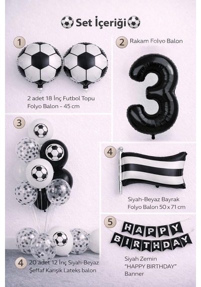 Siyah Beyaz Futbol Temalı 3 Yaş Doğum Günü Balon Seti Beyaz - Siyah