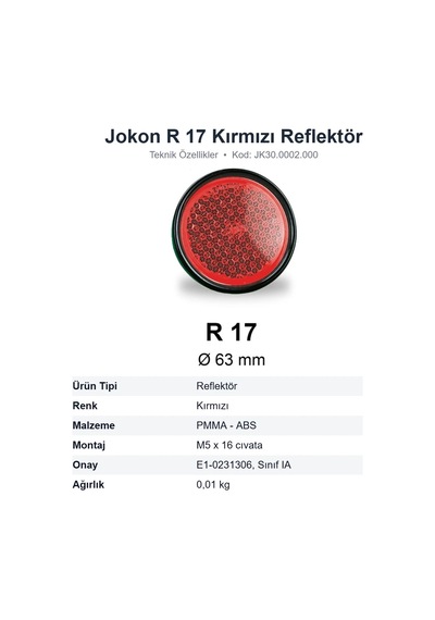 Jokon R 17 Kırmızı Karavan Reflektörü M5 Vidalı Römork Reflektör Jk30.0002.000