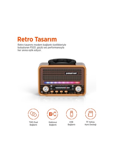 Polosmart Fs121 Nostaljik Radyo Bluetooth 5.3 Fm Am Sw Usb Tf Kart Girişli Şarjlı Retro Radyo