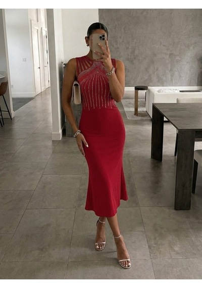 De'charme Kadın Kolsuz Omuzlardan Taş Şerit Detaylı Midi Janjan Krep Elbise Kırmızı