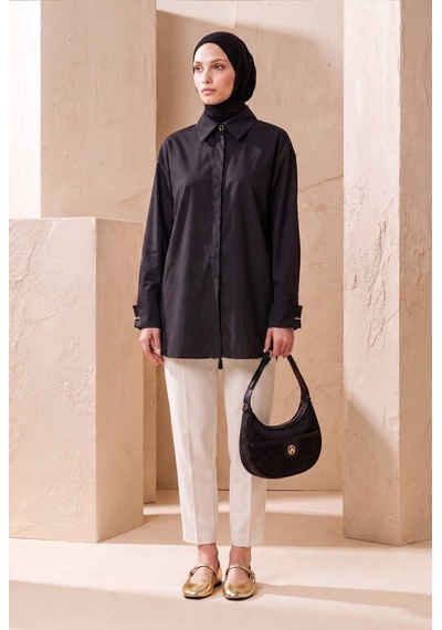 Armine Trend Doğal Kumaş Gizli Patlı Tam Boy Düğmeli Oversize Basic Gömlek Siyah 26yt304