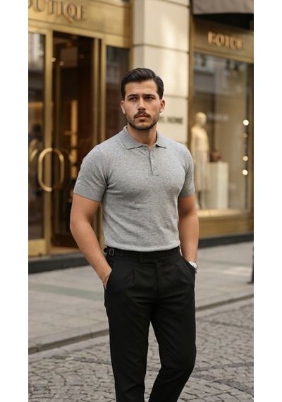 Veraura Lifestyle Erkek Düğme Yakalı Kısa Kollu Pamuk Triko Tişört gri