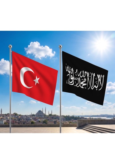 Siyah Kelime-i Tevhid Bayrağı Ve Alpaka Kumaş Türk Bayrağı 2'li Set 70x105cm Diğer