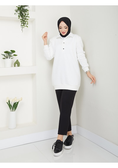 Raika Moda Kapşonlu 3 İplik Büyük Beden Tesettür Sweatshirt Ekru