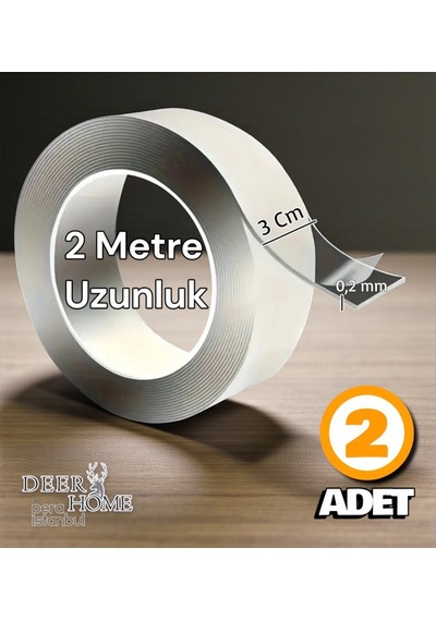 2 Adet Çift Taraflı Şeffaf 2 Mt Bant Ultra Özel Süper Güçlü Yüksek Mukavemetli Nano Teknolojili