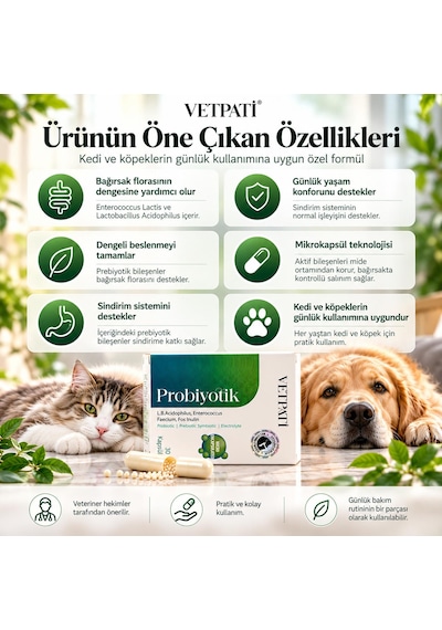 Vetpati Probiyotik Kedi Ve Köpekler İçin Probiyotik Prebiyotik Sinbiyotik Takviye 30 Kapsül