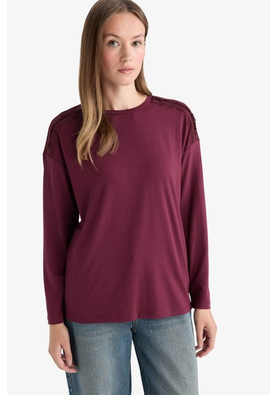 Defacto Regular Fit Bisiklet Yaka Uzun Kollu Tişört E9905ax25aubr115 Bordo