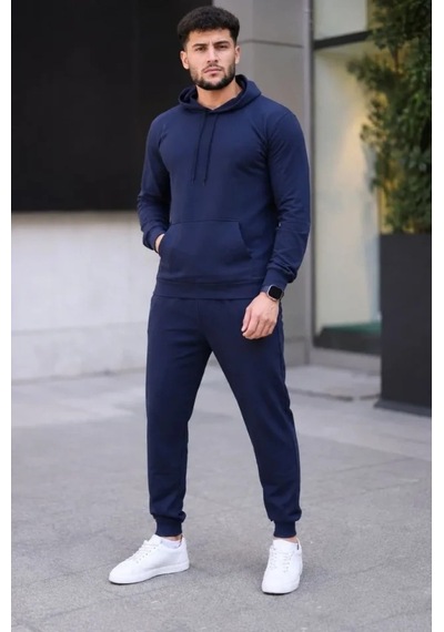 Defymoda Erkek İki İplik Kapüşonlu Kanguru Cepli Sweatshirt Jogger Pantolon Alt Üst Eşofman Takımı - Lacivert